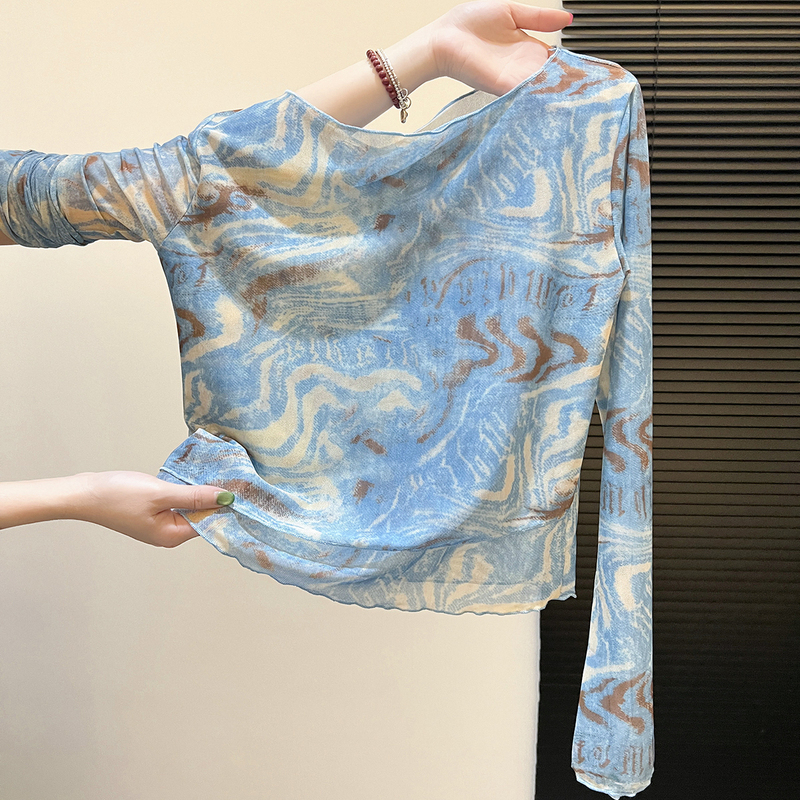 Recommended for Personal Collection~ Blue Tie-Dye Mesh Long-Sleeve T-Shirt for Women, Early Autumn New Style, Irregular Hot Girl Crop Top