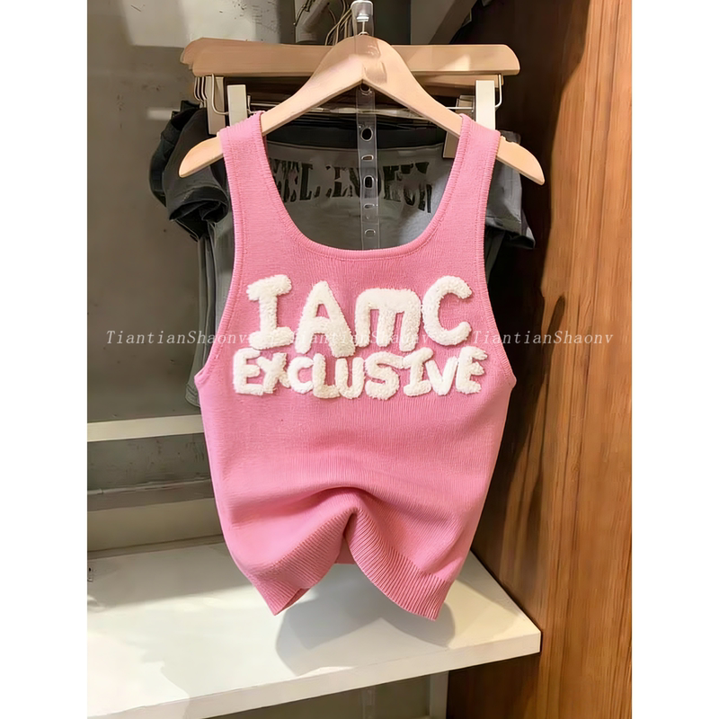 Recommended for Personal Collection~ Dopamine Pink Letter Jacquard Knit Camisole for Women, New Summer Style, Sweet and Spicy Short Top Recommended for Personal Collection~ Dopamine Pink Letter Jacquard Knit Camisole for Women, New Summer Style, Sweet and Spicy Short Top