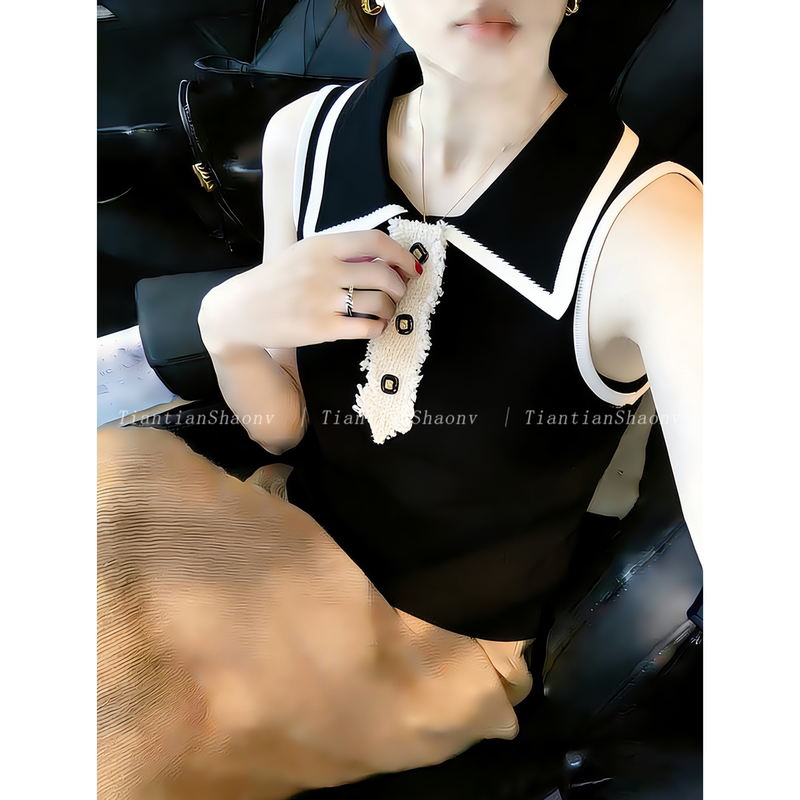 Recommended for Personal Collection~ Color-Blocked Polo Collar Sleeveless Knitted Vest for Women, New Summer Style, Elegant and Slim-Fitting Outerwear Top
