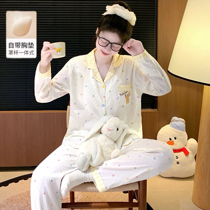 Pajamas with Breast Pads for Women, Long-Sleeved, Star-Printed, Cloud Cotton, Loose-Fitting, Lapel-Style, Spring and Autumn Home Wear Set