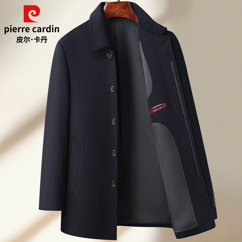 Pierre Cardin 100% Sheep Wool Coat for Men, Mid-Length, Lapel Style, Autumn and Winter, Middle-Aged and Elderly Dad's Double-Sided Woolen Coat