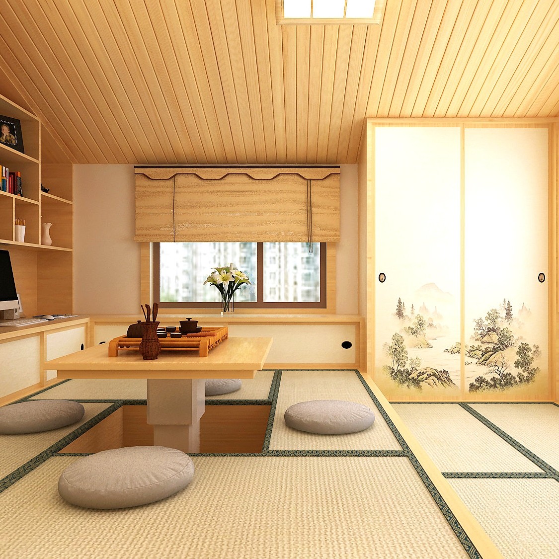Japanese-style tatami cypress custom overall small apartment whole house solid wood tea room living room study attic bedroom design