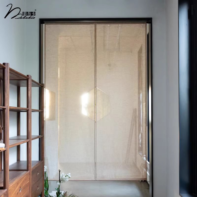 Mubuka Pure Linen Door Curtain, Wabi-Sabi Style, Light Luxury Japanese Style, Punch-Free Screen Curtain, Telescopic Rod Door Curtain, Can Be Printed with Logo