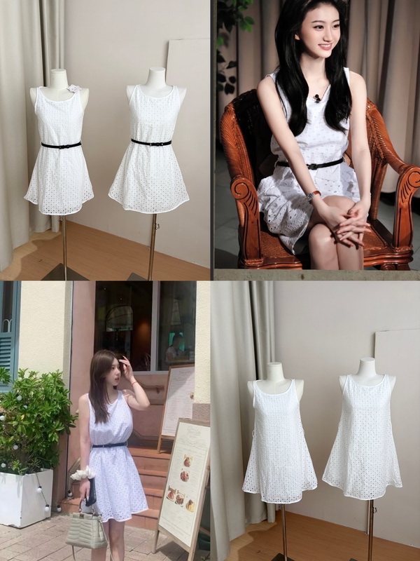 Soft Little Aba~ "Midsummer Evening Sunshine" Cotton Embroidered Hollow-Out Faux Leather Belt Sleeveless Dress