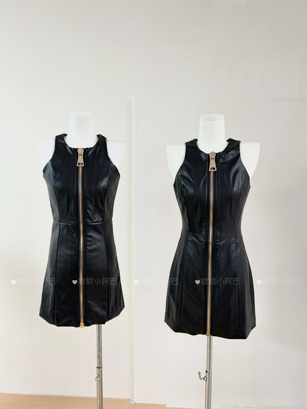 Soft Little Aba~Wop Simple Basic Zipper Leather Skirt Women's Slim Fit Bodycon Sleeveless Tank Dress