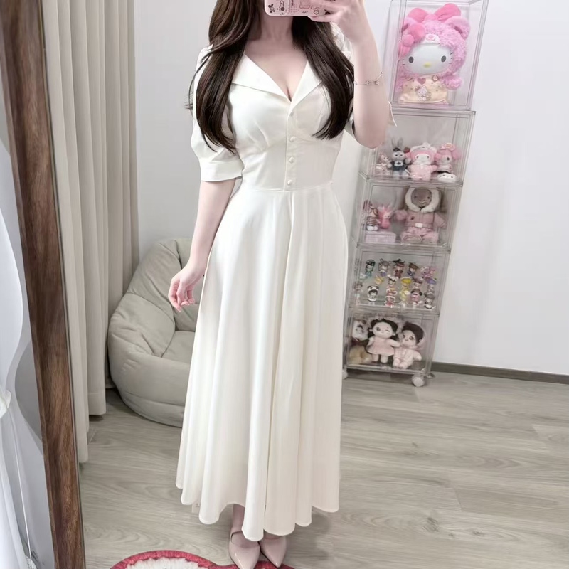 Soft Little Aba~ [Rich Girl] Shirt Collar Waist-Cinching Dress, Elegant High-Waisted Slimming and Luxurious Long Dress