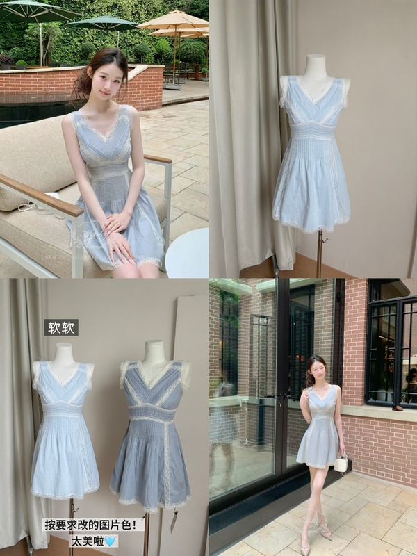 Soft~【Ya Guang Fu Lei】100% Light Blue V-Neck Lace Dress (Yb Color Changed to Picture Color) Soft~【Ya Guang Fu Lei】100% Light Blue V-Neck Lace Dress (Yb Color Changed to Picture Color)