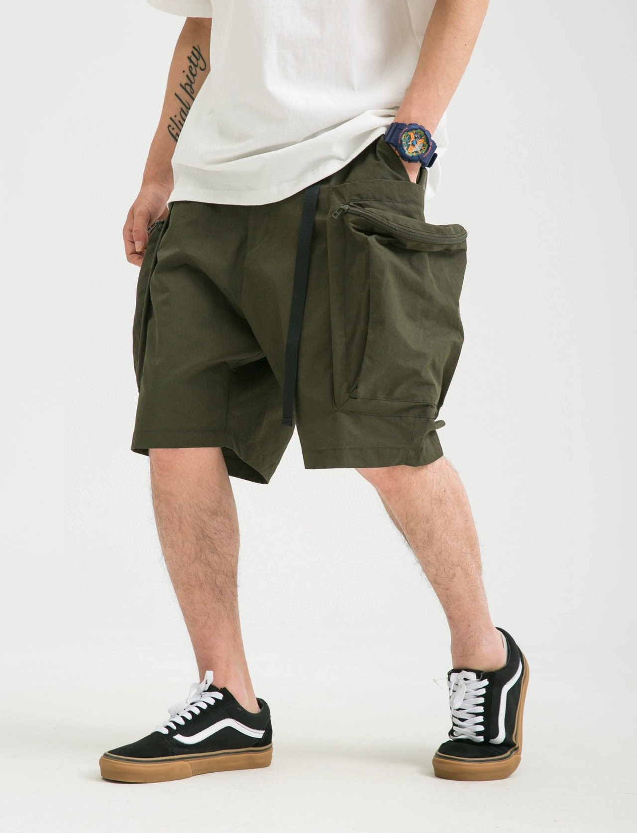 20SS Nhật Bản phiên bản lỏng lẻo ba chiều túi lớn nhiều túi nhiều túi quần năm điểm quần giữa quần nam thông thường - Quần làm việc