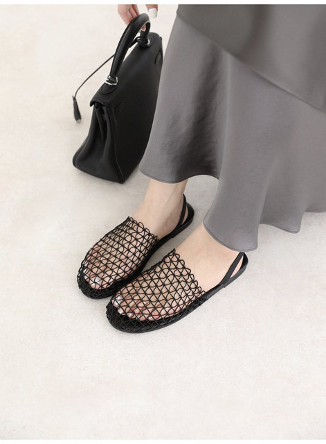 Open-Toe Sandals with Fishnet Back Strap, Flat Roman-Style Shoes, 2025 Summer New Hollow-Out Comfortable Beach Mules