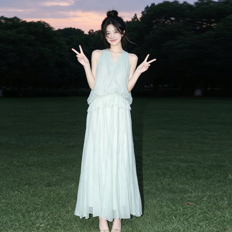New Chinese-Style Mint Green Suspender Dress for Women 2026 Summer, Stunning and Elegant Long Dress with a Summer Elegance