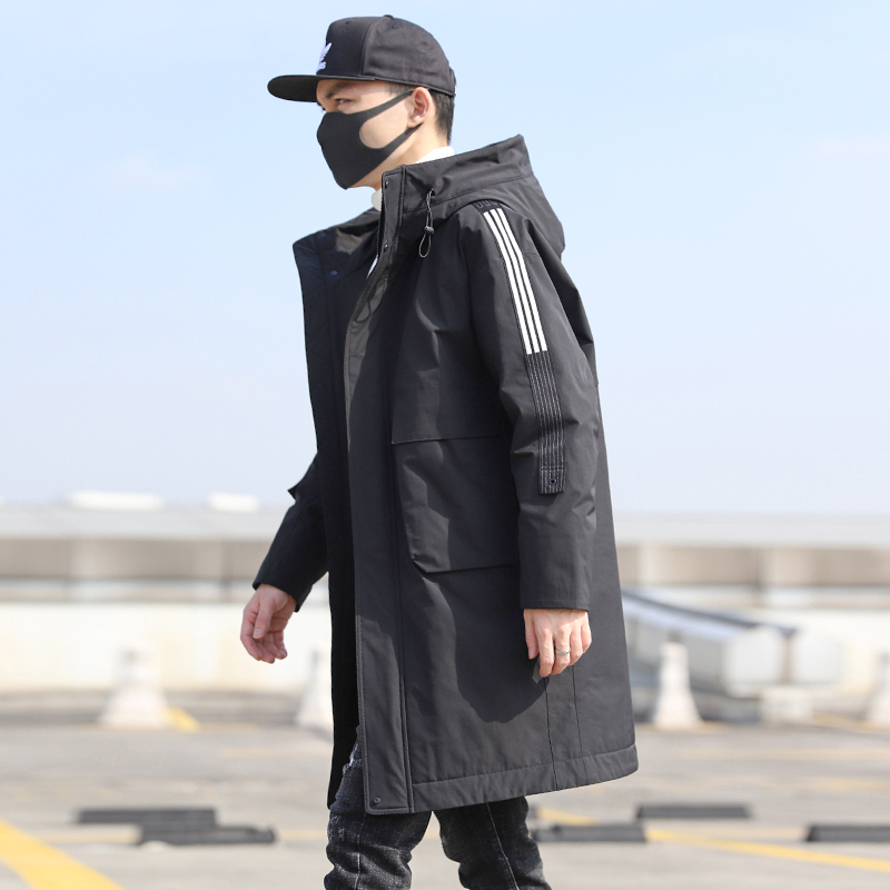 Down jacket Men's medium long version of striped thickened winter coat Chauder stream tooling handsome with a kneecap-burst white duck down