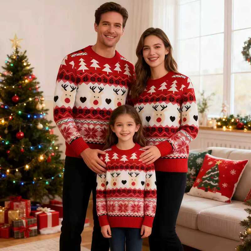 Christmas Family Matching Sweaters for a Family of Three, European and American Style, New Autumn and Winter Reindeer Jacquard Lazy Style Pullover Knitwear