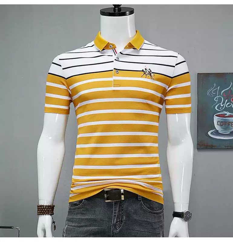 Thương hiệu quần áo cao cấp dành cho nam kinh doanh quần áo sọc cotton giản dị Áo thun nam tay ngắn tên lớn áo sơ mi POLO thủy triều - Polo áo phông polo nam
