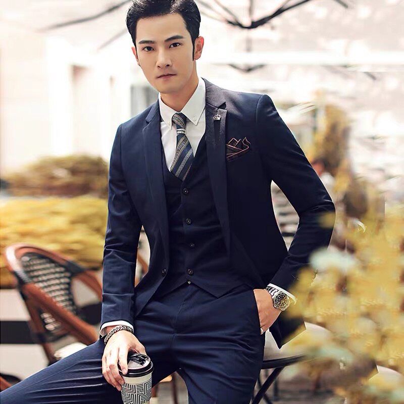 Casual solid color large size best man suit Men's suit Business professional three-piece suit Formal dress Groom wedding slim suit