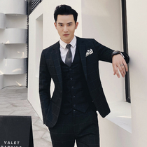 Suit suit male British Korean version slim plaid mens banquet suit suit three-piece groom wedding dress