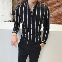 Autumn mens long-sleeved striped shirt youth Korean slim fit mature casual inch trend Korean wind strip vertical strip shirt