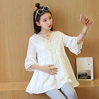 Thai sản Tops 2018 Thời Trang Mùa Hè Mới của Hàn Quốc Loose Set Ngắn Mùa Hè Ngắn Tay Áo Bông T-Shirt đầm bầu mami