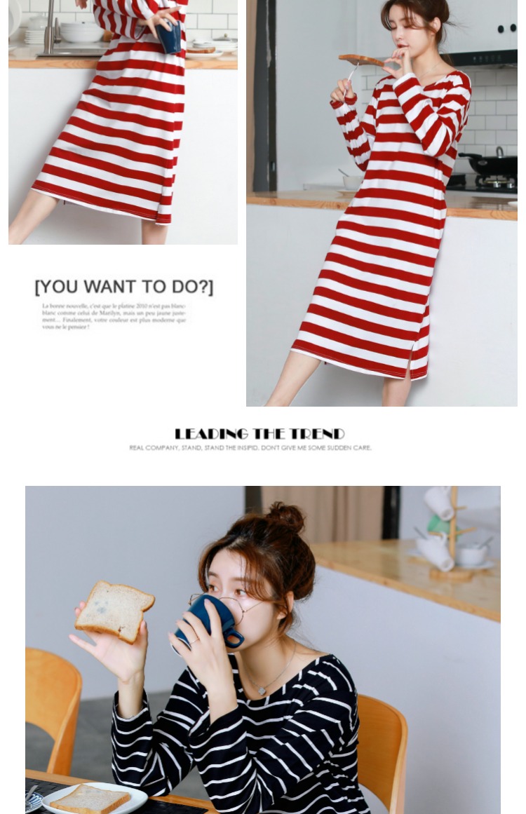 Váy ngủ nữ mùa thu cotton dài tay phiên bản Hàn Quốc có kích thước lớn sọc rộng mùa xuân và đồ ngủ dài mùa thu cho bà bầu có thể mặc váy dài mùa hè đồ bộ mặc nhà
