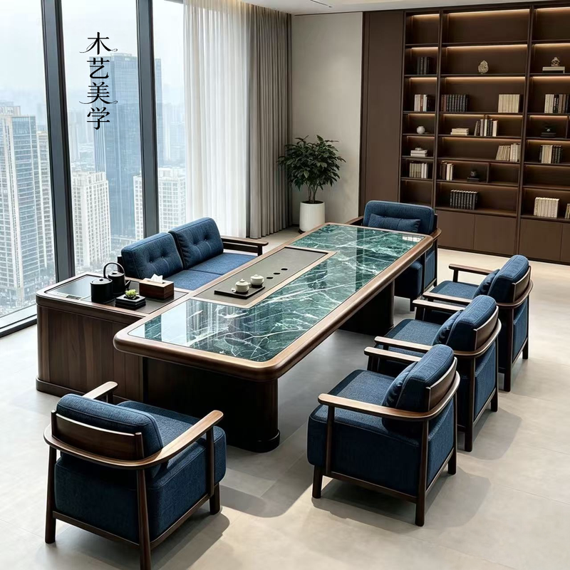 Modern Minimalist Slate and Solid Wood Tea Table and Chair Set for Office, Elegant Black Walnut Wood Tea Table with Integrated Tea Station