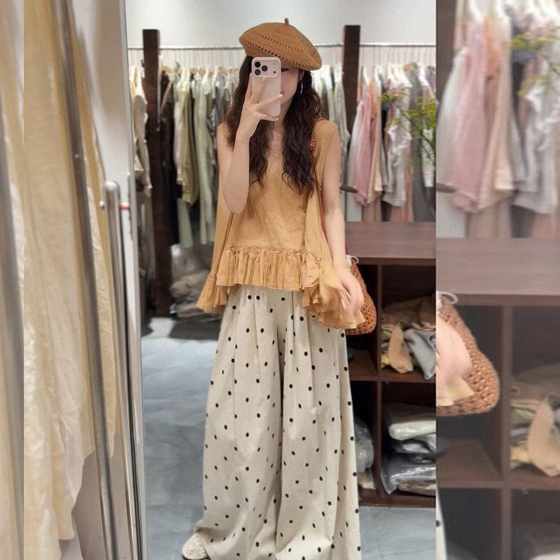 Maternity Wear Summer Suit French Resort Style Sleeveless Ruffled Babydoll Top Polka Dot Wide-Leg Pants Two-Piece Set
