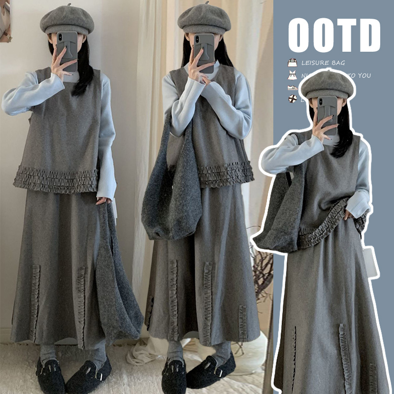 Maternity Wear Autumn and Winter Set 2026 New French Style Woolen Ruffled Vest Long-Sleeved Skirt Three-Piece Set Maternity Wear Autumn and Winter Set 2026 New French Style Woolen Ruffled Vest Long-Sleeved Skirt Three-Piece Set