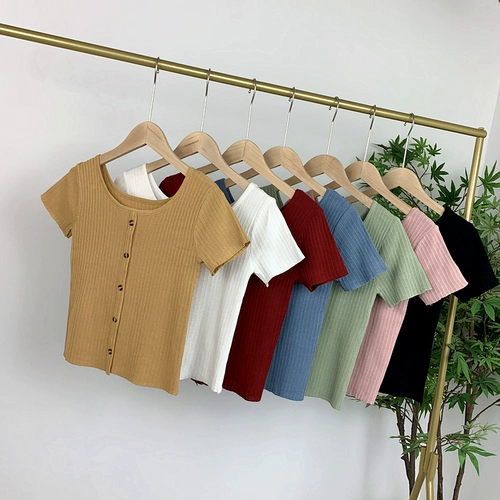 Короткий приталенный трикотажный летний свитер, брендовая футболка, 2020, городской стиль, в корейском стиле, популярно в интернете, короткий рукав