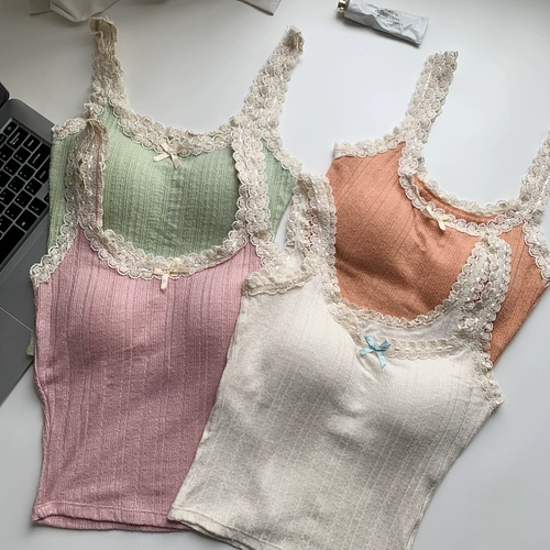 Топ с чашечками без рукавов, кружевная майка топ с бантиком, французский стиль, кружевное платье