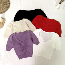 V-neck short sleeve knitwear shirt top summer 2019 new Korean version slim collarbone T-shirt with base shirt Women
