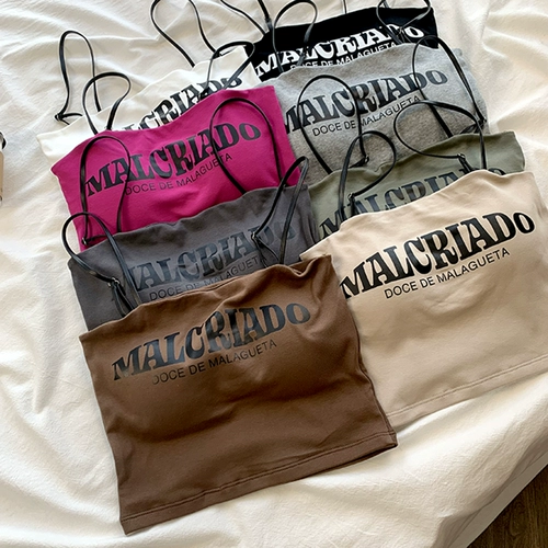 Короткий топ с чашечками без рукавов, майка топ с буквами, облегающий крой