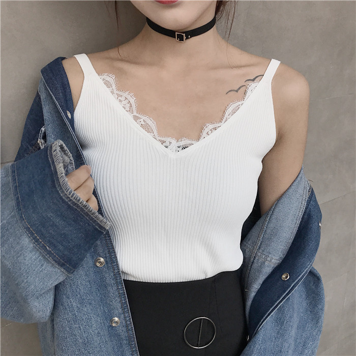 Đan Camisole Phụ nữ Đáy hoang dã Hàn Quốc Sexy Short V-cổ Lông mi Đầm ren phía dưới quần áo nữ