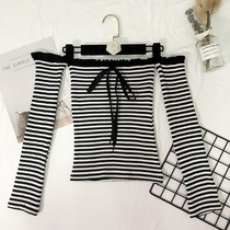 Poula Han Feng Chic wood ear shoulder lace striped sweater women summer slim leak clavicle coat thin