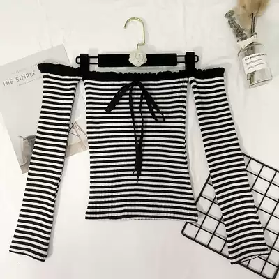 Fluttering Han style wooden ear shoulder lace-up striped sweater female summer slim collarbone shirt thin
