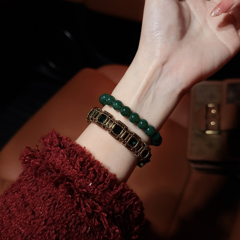 Sl077•Vintage Palace-Style Emerald Beaded Bracelet with Rhinestones (Material Kit & Finished Product)