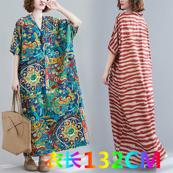 Summer Korean style loose-fitting flesh-covering cotton and hemp pattern straight skirt floor-length, stylish MM linen dress ຂະຫນາດໄຂມັນຂະຫນາດໃຫຍ່ trendy