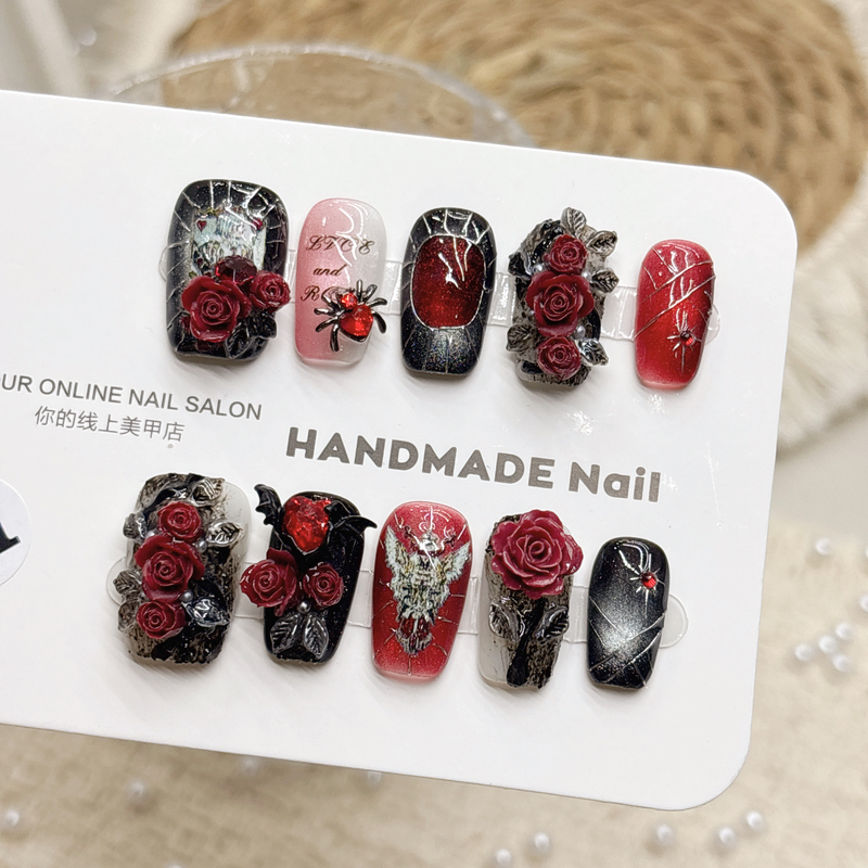 Dark Gothic Red and Black Rose Handmade Nails, Cool Atmosphere, Short Style, Sweet and Cool Spicy Girl Spider, Brightening Short Style Dark Gothic Red and Black Rose Handmade Nails, Cool Atmosphere, Short Style, Sweet and Cool Spicy Girl Spider, Brightening Short Style