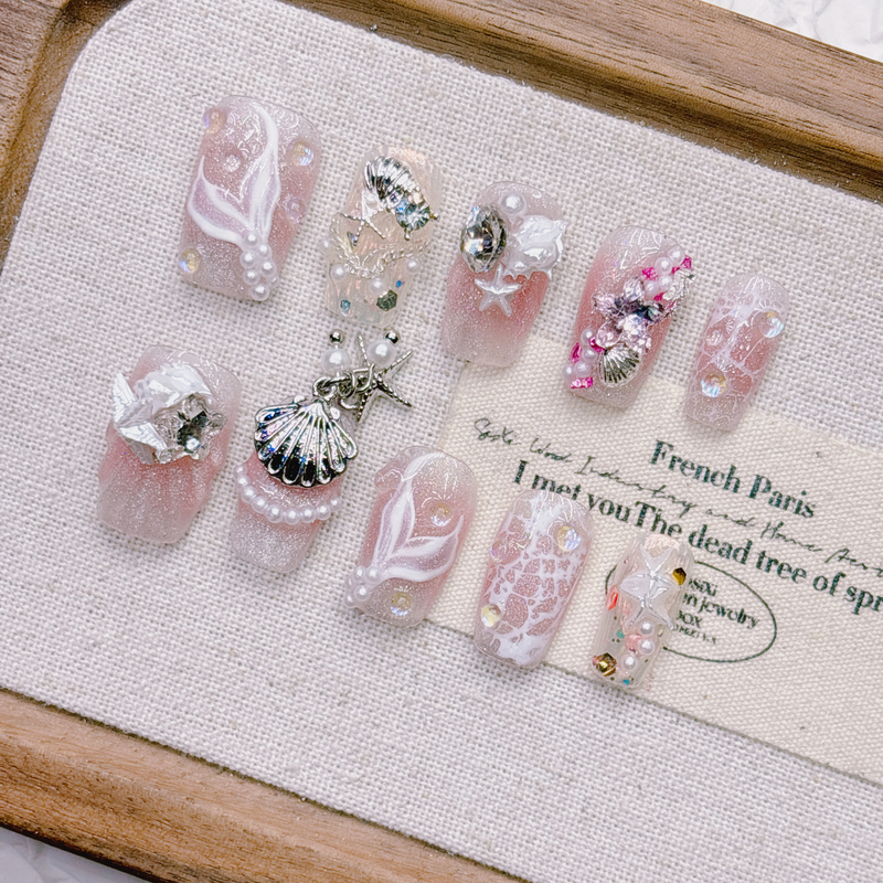 Pink Mermaid Tail Handmade High-Quality Custom Wearable Nails with Embossed Hand-Painted Short Almond Ocean Style