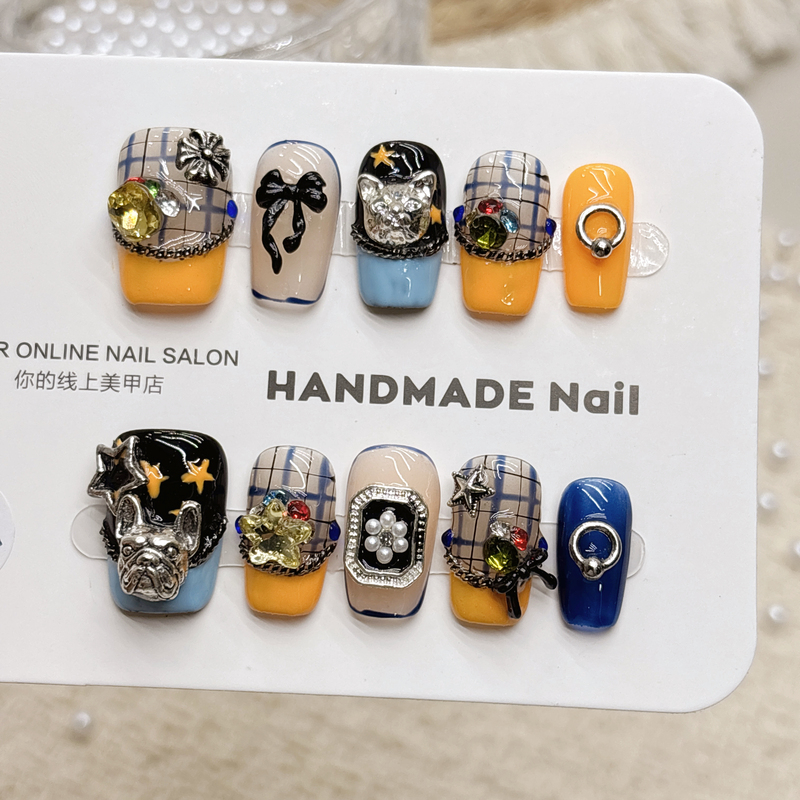 Sweet and Cool College Style Handmade Short Nails That Make Your Skin Look Fairer, Y2K Spicy Girl Nail Art with Yellow and Blue Checkered Cat Design, Almond Shape Sweet and Cool College Style Handmade Short Nails That Make Your Skin Look Fairer, Y2K Spicy Girl Nail Art with Yellow and Blue Checkered Cat Design, Almond Shape