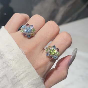 S925 silver inlaid with multi-color gemstone ring with adjustable opening