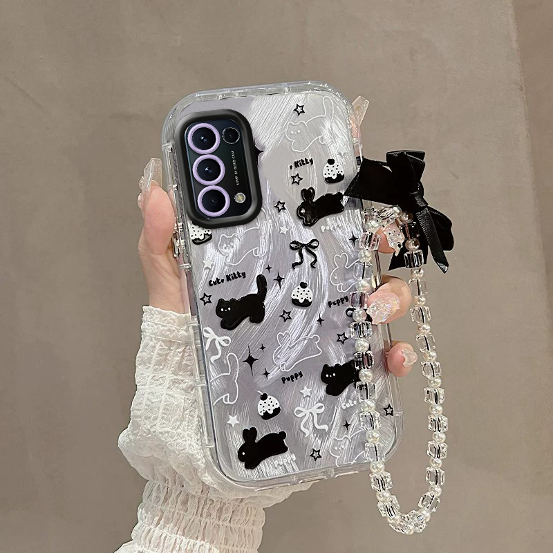 Suitable for Oppo Reno5 Phone Case, Purple Black Cat and Rabbit Reno5Pro Trendy Transparent Case for Men and Women, Cute Soft Silicone Pegm00 High-Value Anti-Drop Reno5K Cartoon Full Edge Protection