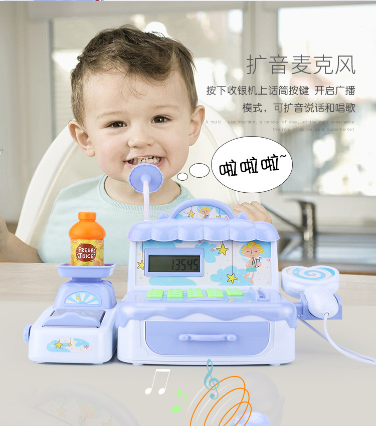 Trẻ em đăng ký tiền mặt bộ đồ chơi mô phỏng cậu bé và cô gái siêu thị mua sắm thẻ quẹt qua quầy thu ngân bộ đồ chơi nhà bếp