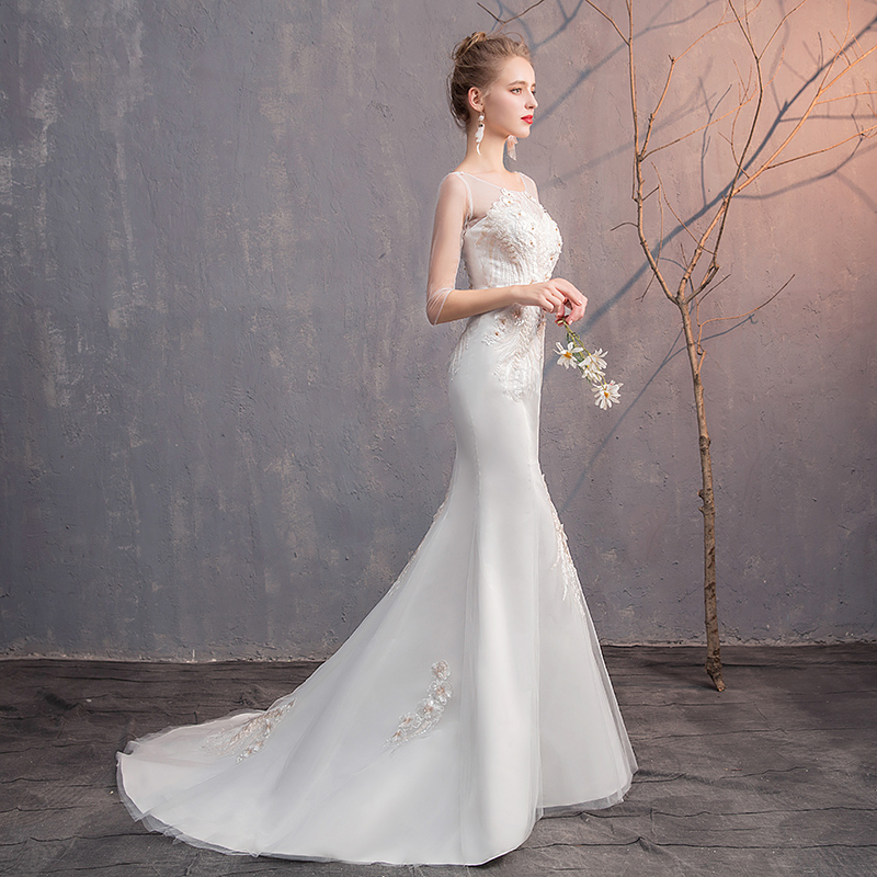 Váy cưới 2020 mới một từ đơn giản đơn giản cơ thể mệt mỏi đuôi cá cô dâu hệ thống đám cưới Pháp nhỏ kéo đuôi