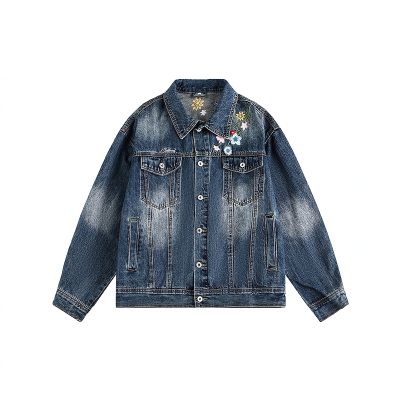 Washed Vintage Floral Embroidered Denim Jacket for Men and Women, Autumn American Style Trendy Brand Loose Casual Versatile Lapel Jacket