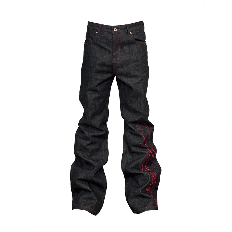 Floral High-Density Black and Red Embroidered Raw Denim Straight-Leg Flared Jeans for Men, American Niche Design, Versatile Long Pants for Men