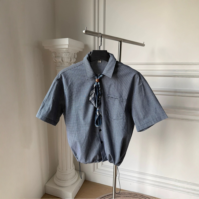 Unique Designer Cuban Rope Royal Blue Miu-Style Plaid Short Wide Drawstring Short-Sleeve Shirt, Unisex