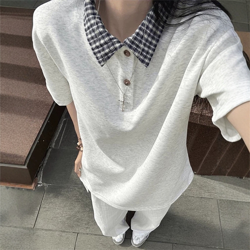 Fake Two-Piece Plaid Patchwork Polo Shirt Short-Sleeved Men's Summer College Style Shirt Collar T-Shirt American Retro Half-Sleeved