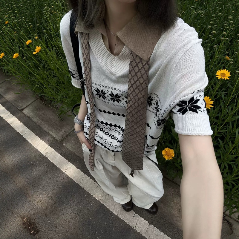 Fair Isle Jacquard Knit Short-Sleeve Polo Shirt for Men and Women, Summer Cool Style, Old Money Style, Seagull Collar T-Shirt, High-End Half-Sleeve
