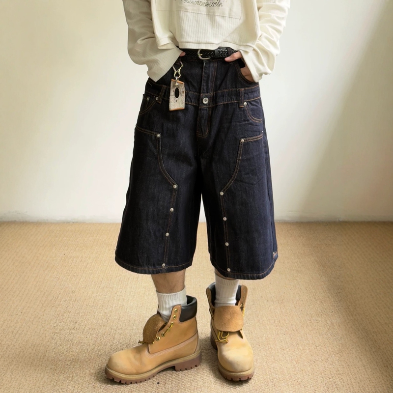 American Retro Double-Knee Raw Denim Shorts Unisex Street Style Rivet Double Waistband Lumberjack Pants Cropped Pants Men's Style