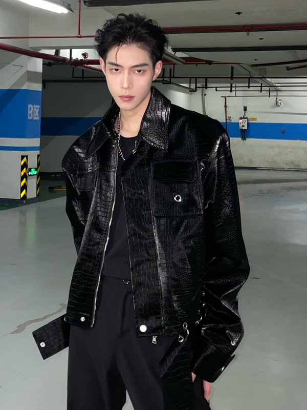 American High Street Fashion Brand ins Crocodile Pattern Padded Shoulder Leather Jacket for Men, Versatile Casual Pu Leather Short Jacket for Autumn
