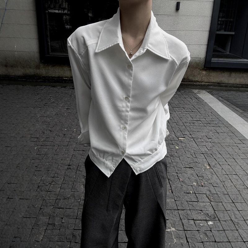 Hand-Pleated Hem High-Fashion Shell Button Shirt, Blended Short Wide Cleanfit Three-Dimensional Long-Sleeve Shirt for Men and Women Hand-Pleated Hem High-Fashion Shell Button Shirt, Blended Short Wide Cleanfit Three-Dimensional Long-Sleeve Shirt for Men and Women