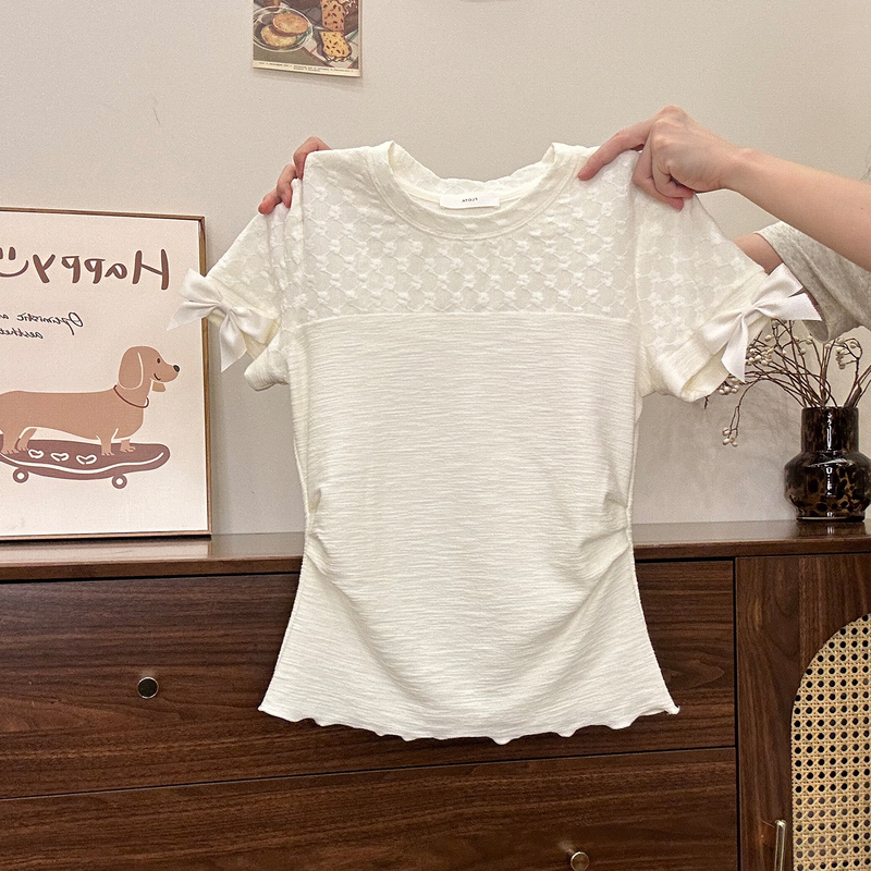 Creamy Universe Bow Lace Patchwork Apricot Off-Shoulder Short Sleeve T-Shirt for Women Sweet and Elegant Waist-Cinching Short Top